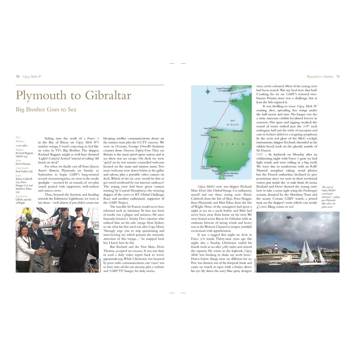 A two-page Fernhurst Books spread on Gipsy Moth IV showcases Paul Gelder's "Plymouth to Gibraltar: Big Brother Goes to Sea," including text, a sailing route map, a boat group photo, and a small image of sailboats.