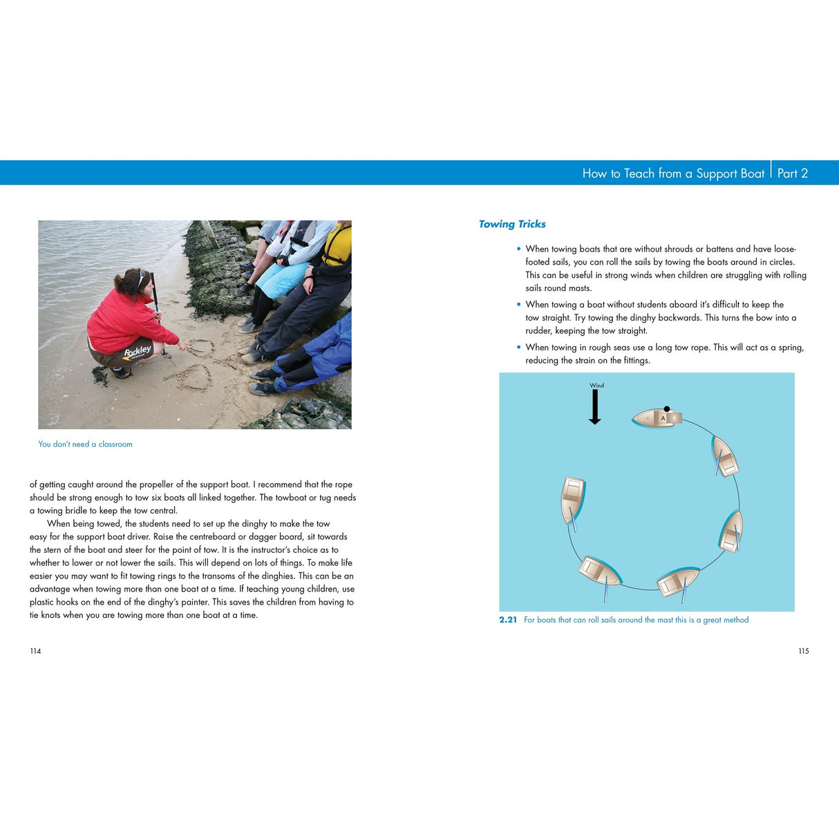 Children and an adult on a rocky shore practice rope techniques from Fernhurst Books’ Teach Dinghy Sailing, illustrating beginner sailing guide instructions and towing tricks.