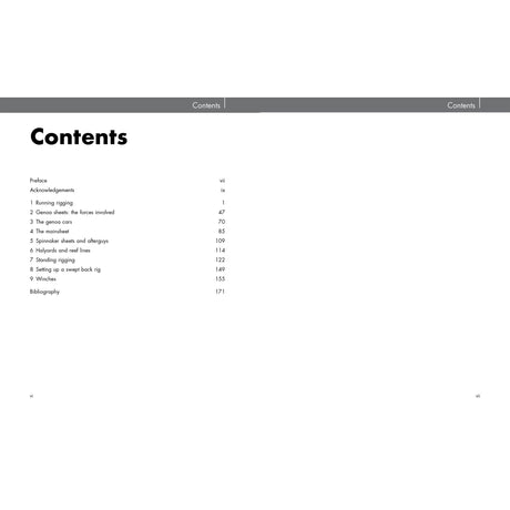 A two-page spread in "Rigging" by Fernhurst Books displays "Contents" at the top; the left page lists chapters like boat rigging and rigging guide with page numbers, while the right page is mostly blank except for "Contents.