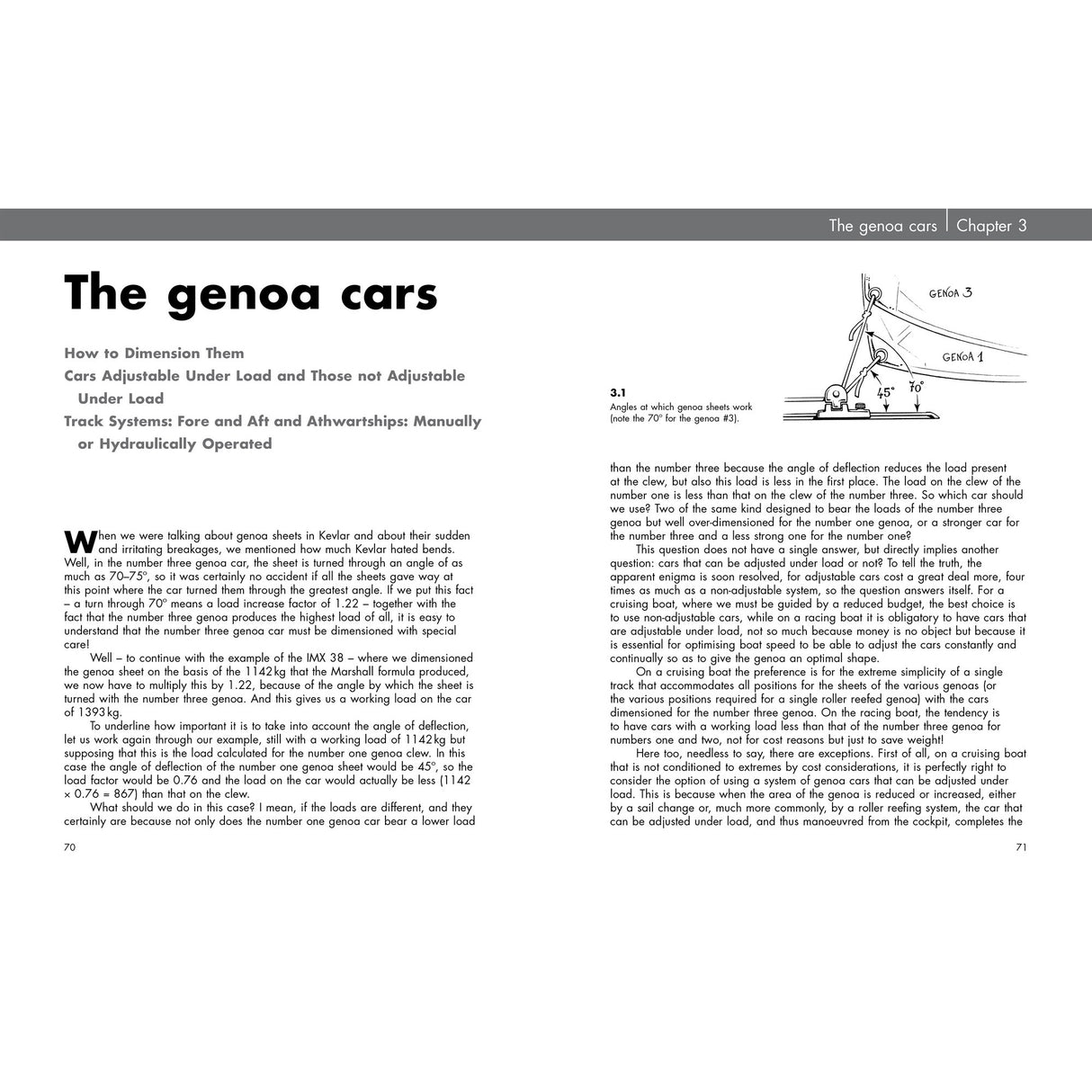 The Fernhurst Books title "Rigging" covers genoa cars, explaining how to size them, their load systems in rigging, and includes a labeled diagram (3.1) showing a track and genoa car setup on a sailboat, plus technical details and usage tips.