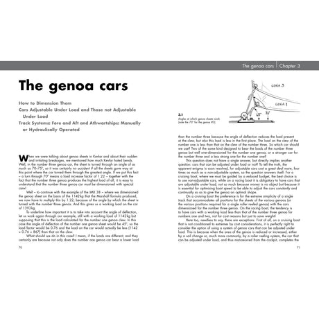 The Fernhurst Books title "Rigging" covers genoa cars, explaining how to size them, their load systems in rigging, and includes a labeled diagram (3.1) showing a track and genoa car setup on a sailboat, plus technical details and usage tips.