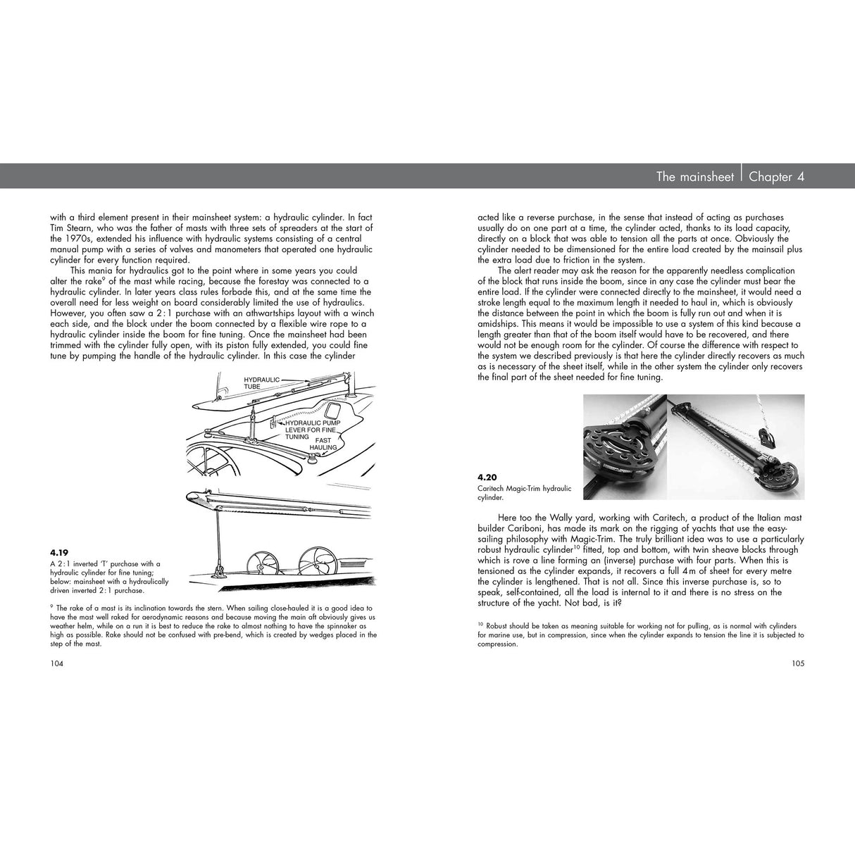 Two pages from "Rigging" by Fernhurst Books show mainsheet systems: left features a traveler bar and control line; right displays a hydraulic system with a close-up of hands adjusting the pump—perfect for rigging guides.