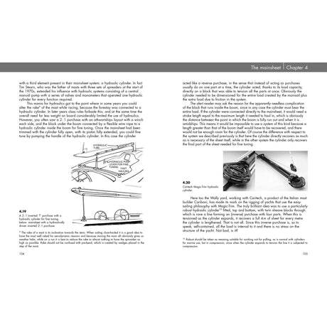 Two pages from "Rigging" by Fernhurst Books show mainsheet systems: left features a traveler bar and control line; right displays a hydraulic system with a close-up of hands adjusting the pump—perfect for rigging guides.