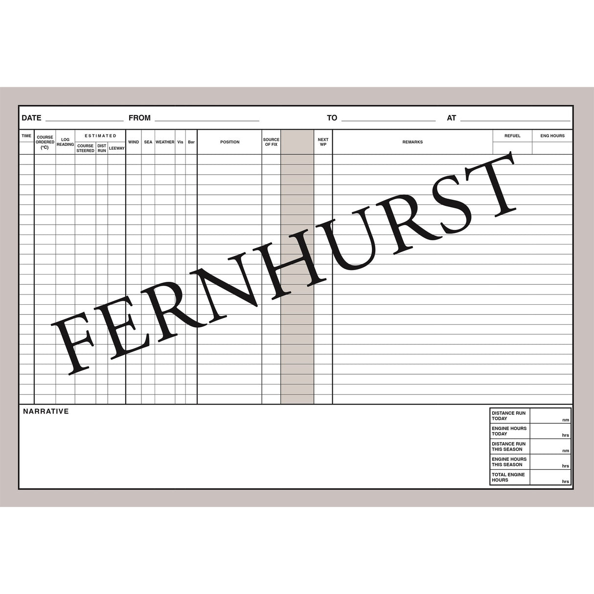 The Logbook For Cruising Under Sail by Fernhurst Books features blank sheets with columns for date, from, to, at, time, course, speed, distance, wind, weather, remarks, revs, engine hours and a narrative section. "FERNHURST" is printed diagonally.