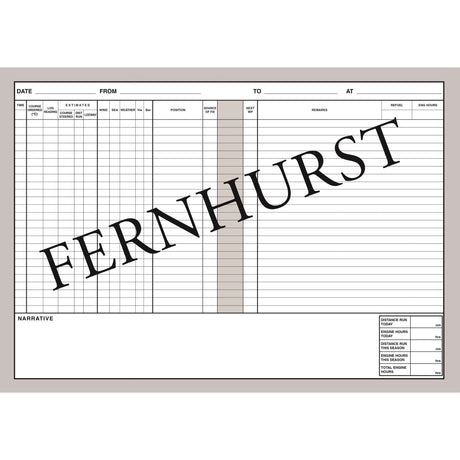The Logbook For Cruising Under Sail by Fernhurst Books features blank sheets with columns for date, from, to, at, time, course, speed, distance, wind, weather, remarks, revs, engine hours and a narrative section. "FERNHURST" is printed diagonally.