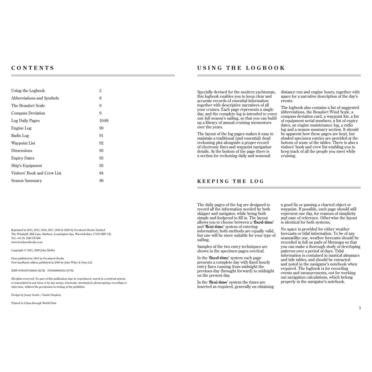 A spread from Fernhurst Books' "Logbook For Cruising Under Sail" shows the table of contents opposite text pages titled "USING THE LOGBOOK" and "KEEPING THE LOG," with a clean, navigation logbook-style layout—black text on white.