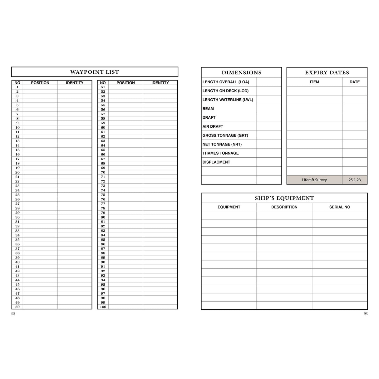The Logbook For Cruising Under Sail by Fernhurst Books features organized tables for waypoint lists, ship equipment, expiry dates, and vessel dimensions, with headings and blank rows for convenient entry of voyage details.