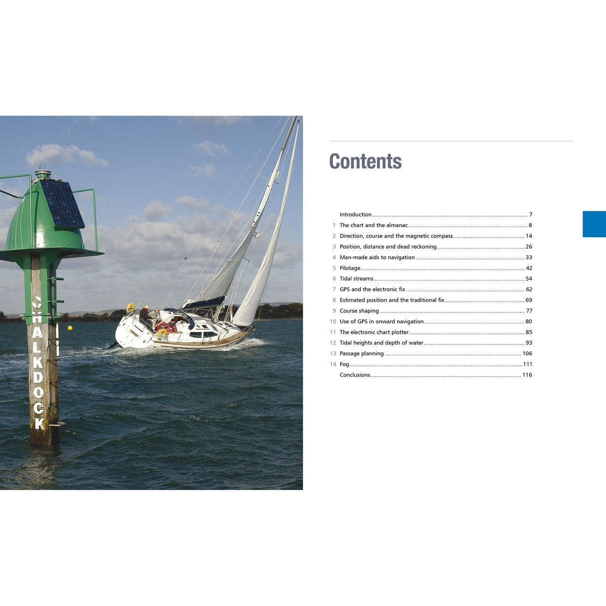 A sailboat heels near a green "WALDROCK" buoy. Beside the photo is the Fernhurst Books' Inshore Navigation table of contents, listing beginner-focused chapters with page numbers on inshore navigation.