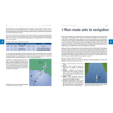 Two pages from Fernhurst Books' Inshore Navigation guide cover chart usage, depths, and aids to navigation. Includes diagrams, a chart key on the left, and text with a lighthouse illustration on the right—ideal for beginners.