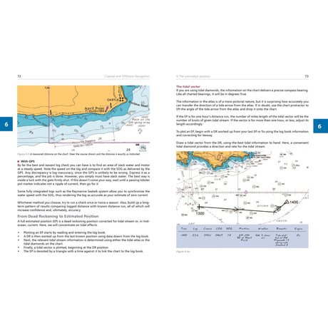 A spread from Fernhurst Books' "Coastal & Offshore Navigation" features a coastal chart, diagrams, text, and tables explaining dead reckoning and estimated position—essential topics for offshore navigation.