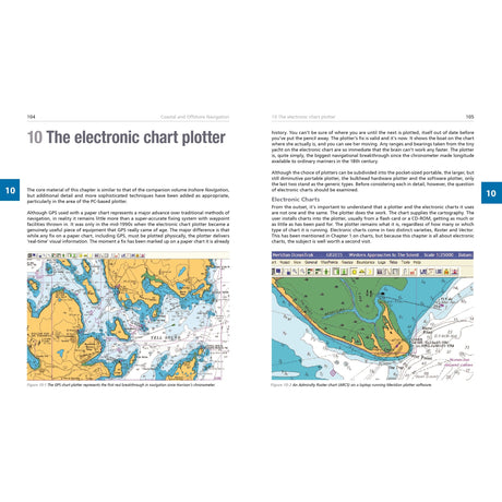 Two pages in Fernhurst Books’ "Coastal & Offshore Navigation" explain electronic chart plotters, featuring color screenshots of digital nautical charts and software. Blue sidebars show 10. GPS use and key yacht passage planning are covered.