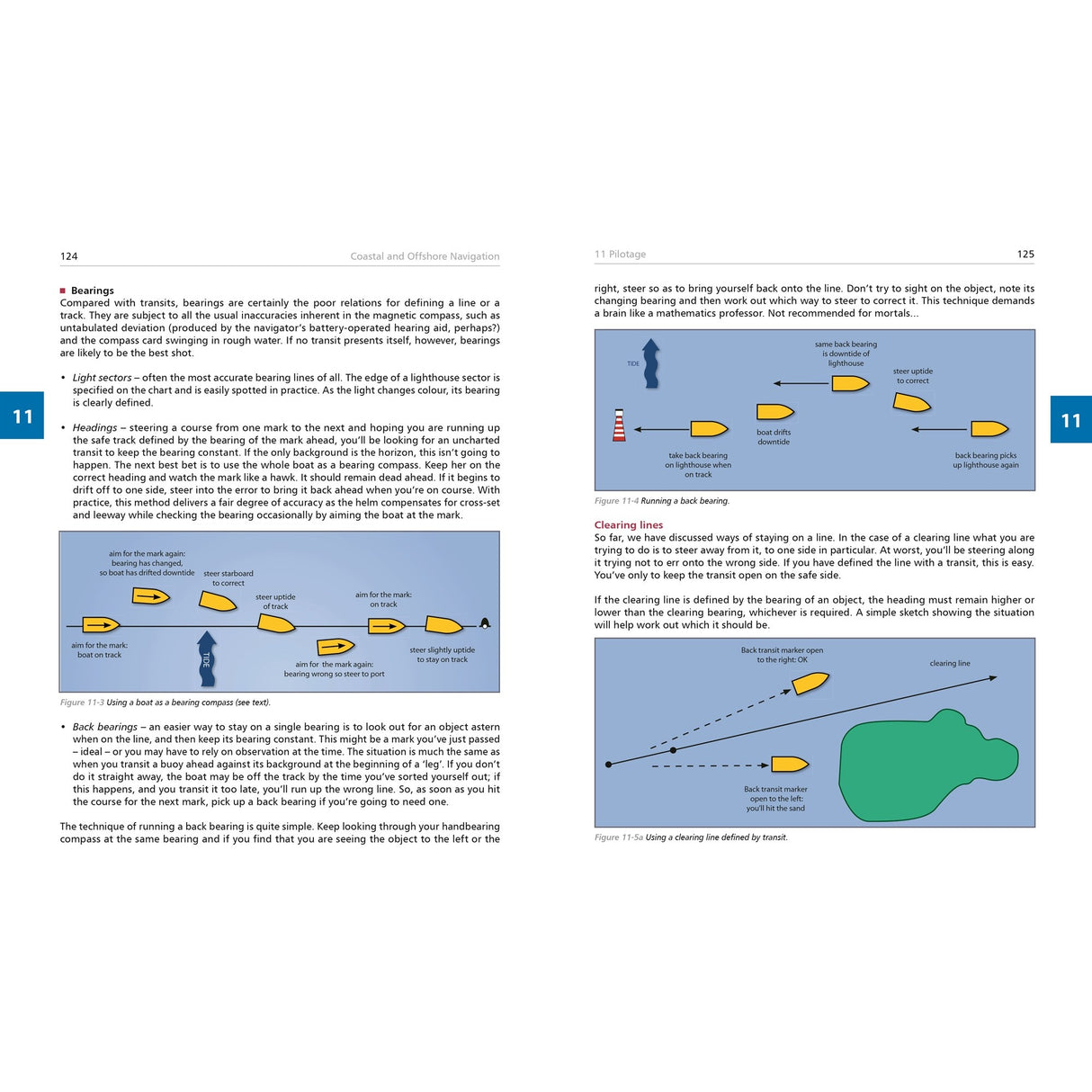 Two pages from Fernhurst Books' "Coastal & Offshore Navigation" feature diagrams and text on yacht navigation near coastlines, demonstrating the use of bearings and clearing lines for safe passage and planning.