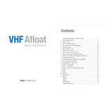 The image shows the cover and contents page of "VHF Afloat," published by Fernhurst Books, with chapters on VHF DSC radio operation, safety, distress signals, and regulations.