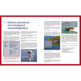The Fernhurst Books “VHF Afloat” manual features a two-page spread on distress procedures and Coastguard acknowledgement, with VHF DSC emergency communication, mayday call example, radio use on a boat, and rescue boat diagram.