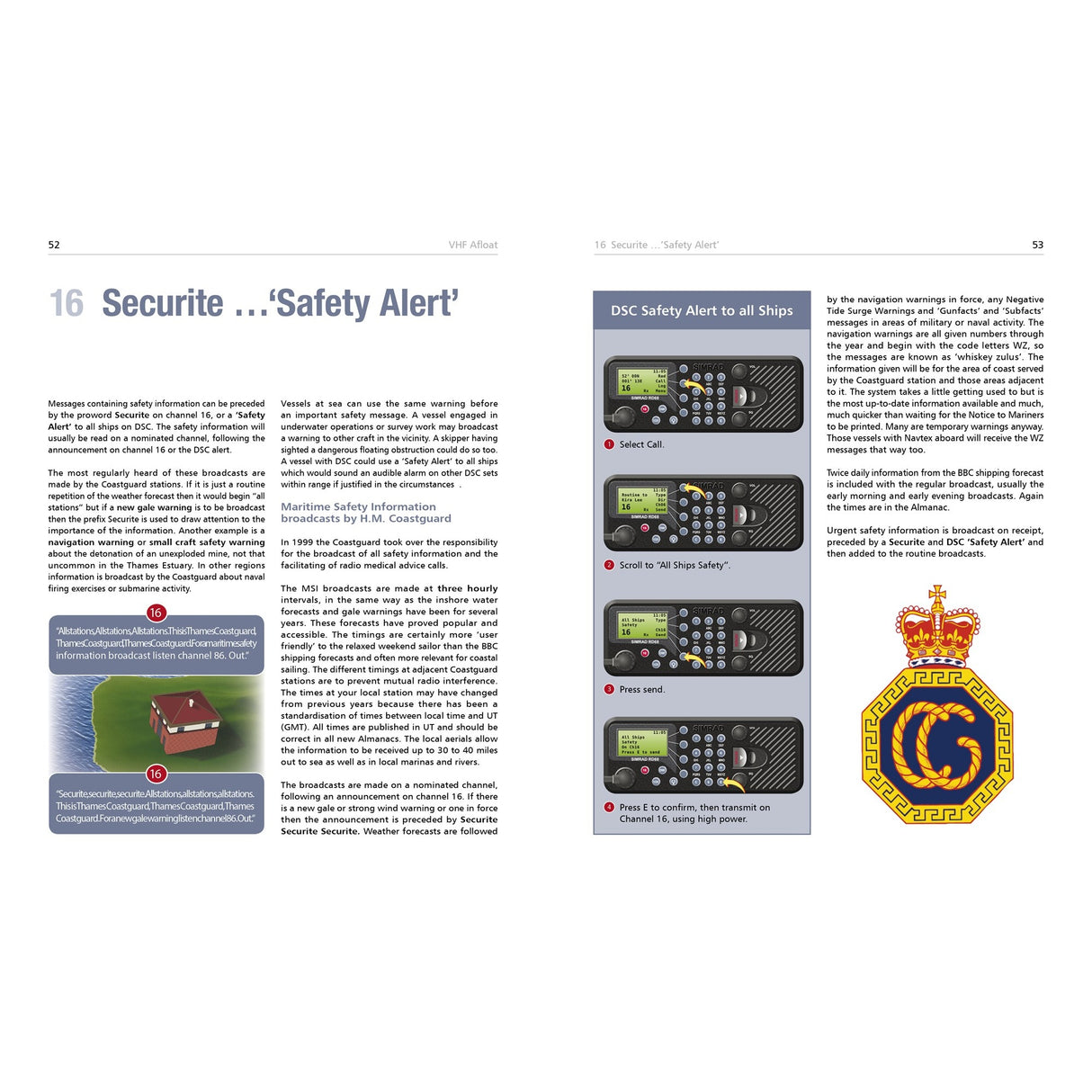 A magazine spread on "Safety Alert" for ships features maritime safety tips, four images of a VHF DSC radio showing alert steps, a red info icon with a house, and the UK Maritime & Coastguard Agency badge from Fernhurst Books' VHF Afloat.