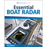 Book cover for "Essential Boat Radar" from Fernhurst Books, showing a boat’s navigation console with marine radar display, compass, and wheel. The bold blue title is positioned at the top.