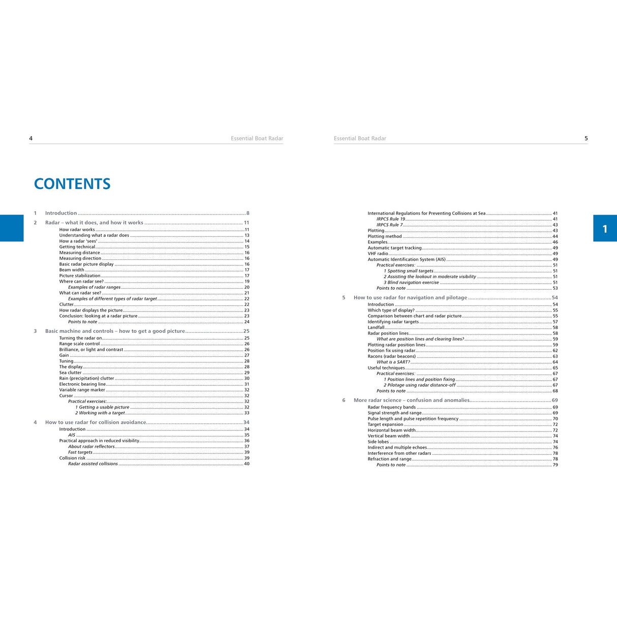 Table of contents for "Essential Boat Radar" by Fernhurst Books, outlining chapters like radar basics, display controls, navigation, pilotage, safety, and legal topics on two white pages with blue section headings.