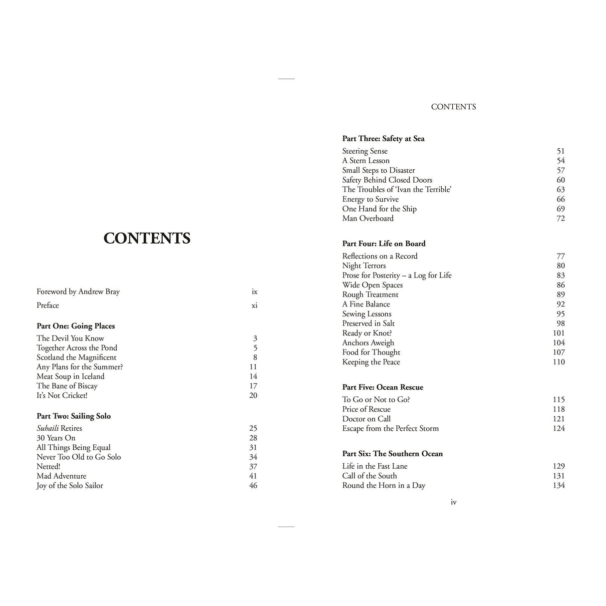 The table of contents for Knox-Johnston on Sailing by Fernhurst Books lists chapters like “Once Going Places,” “Setting Solo,” “Safety at Sea,” and more—reflecting Robin Knox-Johnston’s legendary ocean racing experiences.
