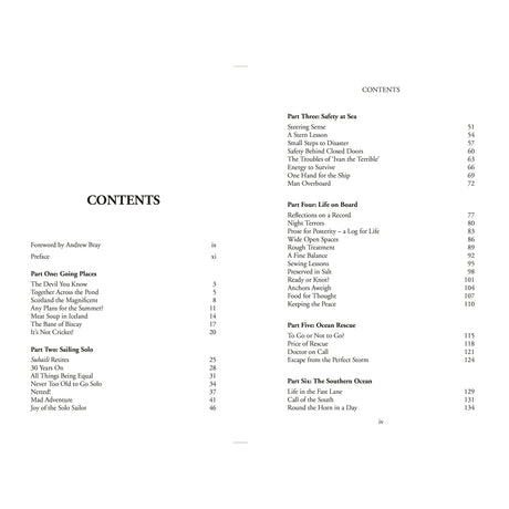 The table of contents for Knox-Johnston on Sailing by Fernhurst Books lists chapters like “Once Going Places,” “Setting Solo,” “Safety at Sea,” and more—reflecting Robin Knox-Johnston’s legendary ocean racing experiences.