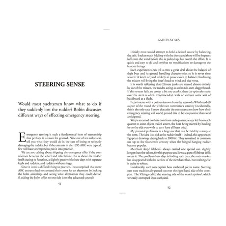 Two pages from "Knox-Johnston on Sailing" by Fernhurst Books cover emergency steering for yachts, sharing vital techniques used by Robin Knox-Johnston if the rudder fails—crucial safety advice for ocean racers under "SAFETY AT SEA.