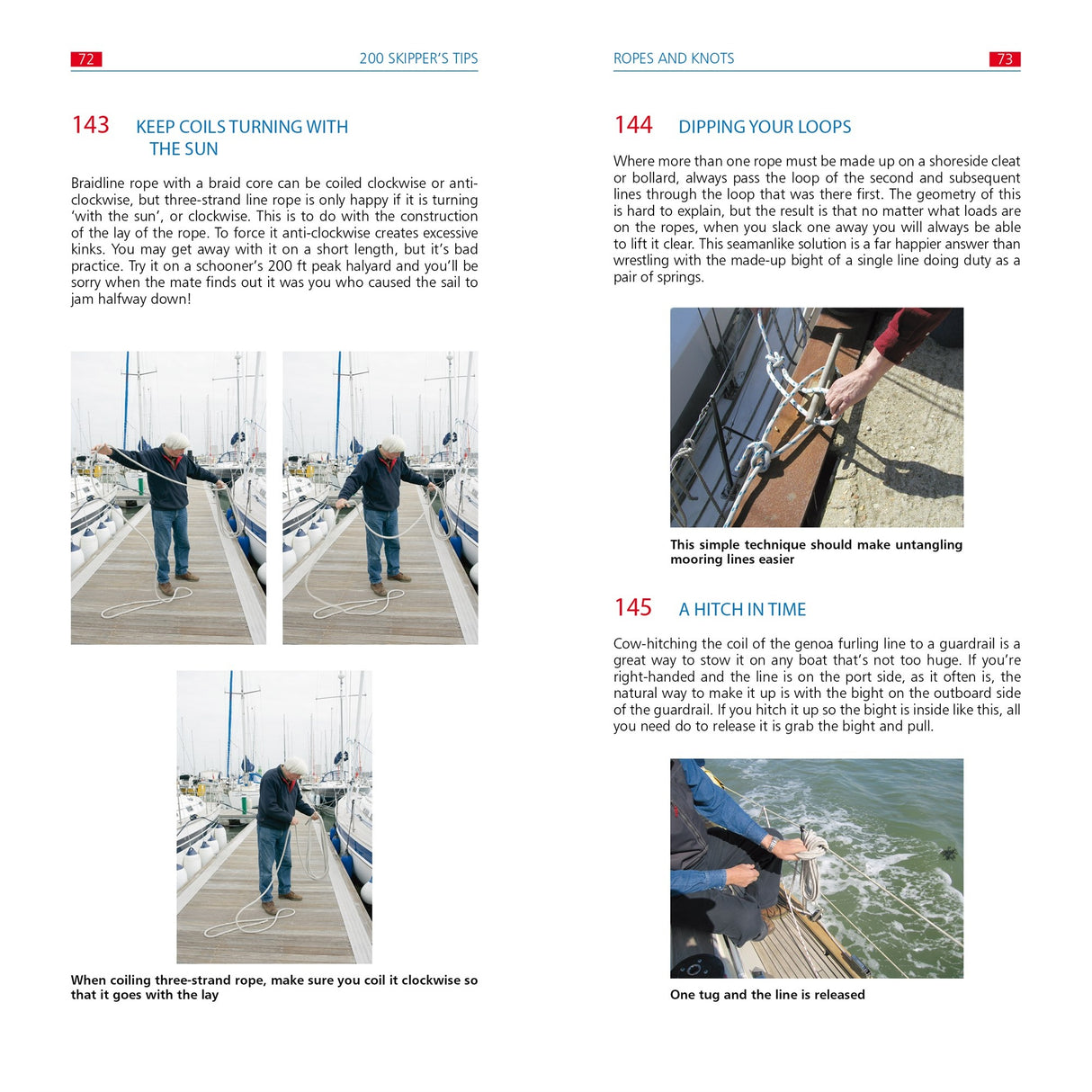 A page from Fernhurst Books' "200 Skipper's Tips" shows seamanship: three men coiling ropes on a dock, a close-up of coiled rope, a loop-dipping step, and a hand tying a quick-release knot aboard a yacht.