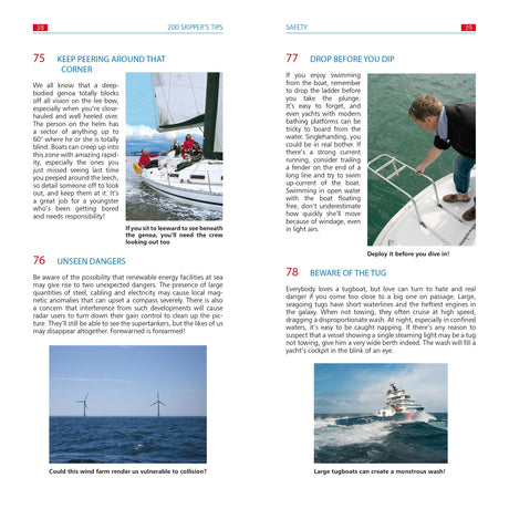 A collage promoting Fernhurst Books' "200 Skipper's Tips" features boating scenes: a sailboat crew's focus, a man anchoring from a yacht, offshore wind turbines, and a tugboat with an impressive wake.