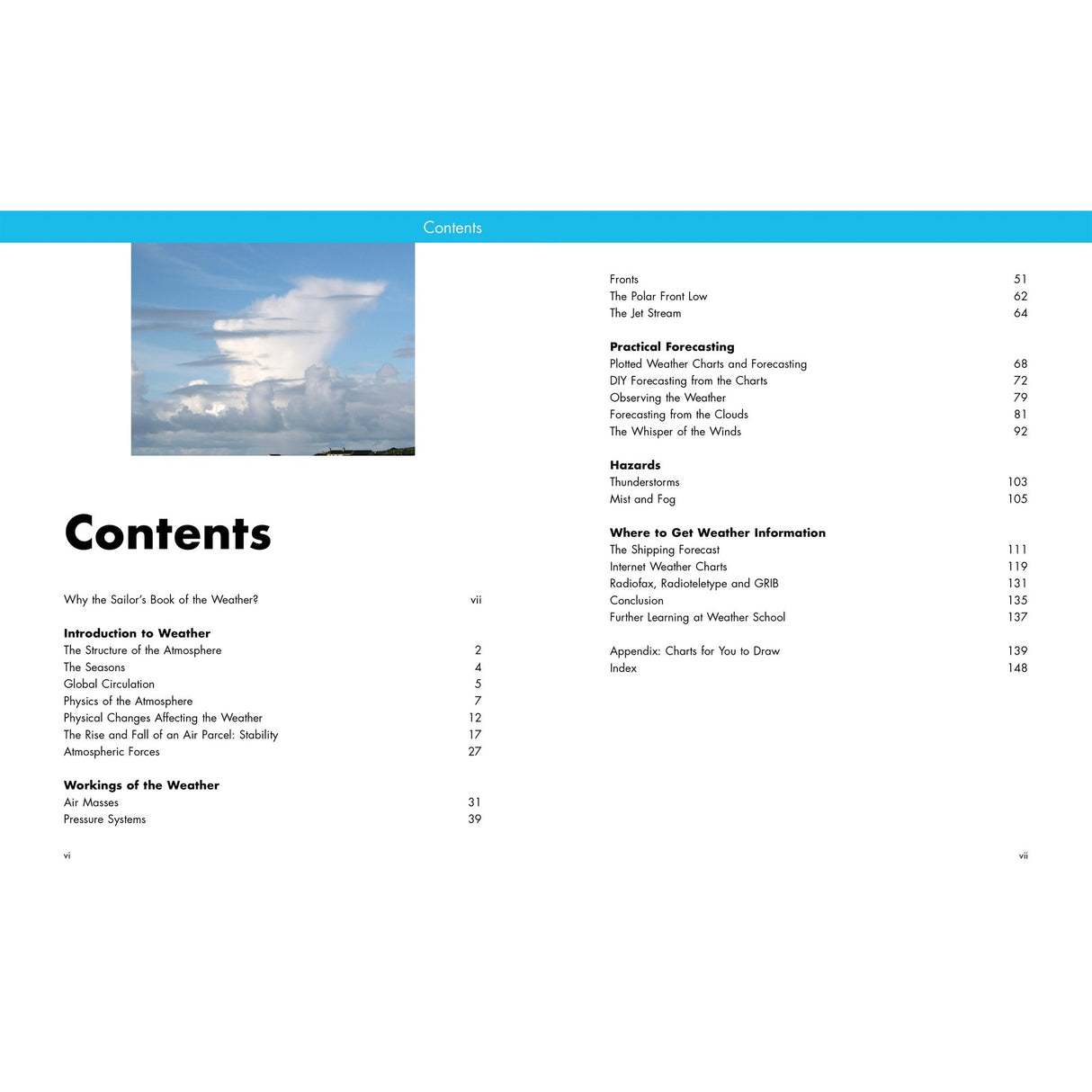 A photo of a cloudy sky over water appears next to the table of contents for Fernhurst Books’ "Sailor's Book of the Weather," featuring sections like Introduction to Weather, Practical Forecasting, Hazards, and more for sailors.