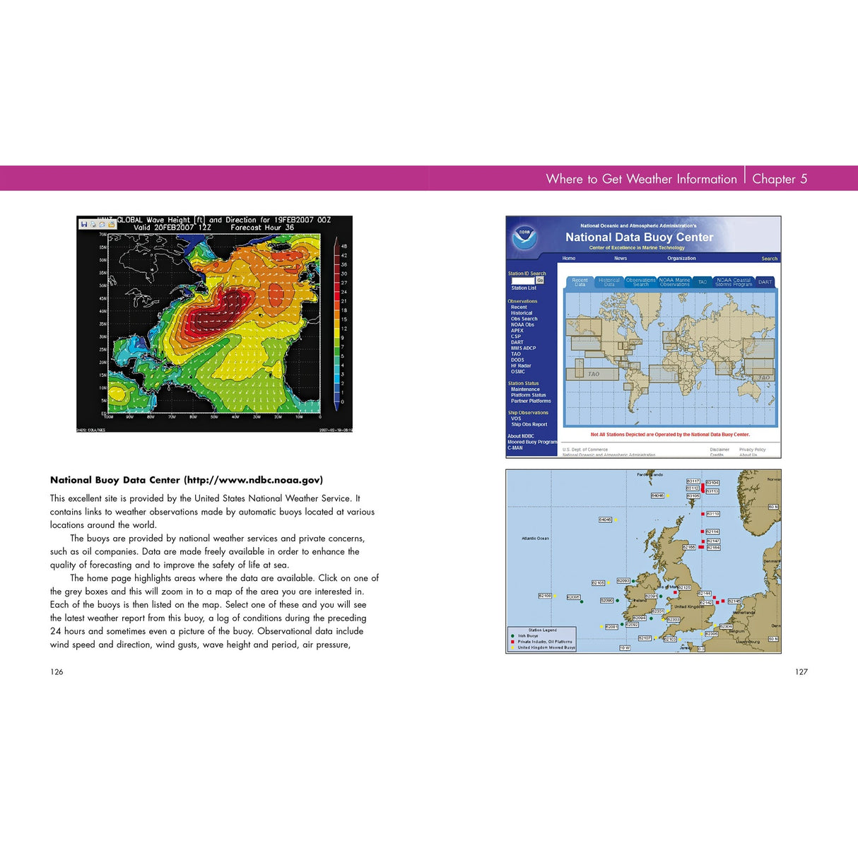 A two-page spread from Fernhurst Books’ Sailor's Book of the Weather displays colored wave heights and a National Data Buoy Center screenshot—making it an essential guide to weather forecasting for sailors.