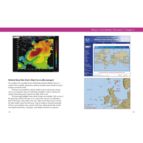 A two-page spread from Fernhurst Books’ Sailor's Book of the Weather displays colored wave heights and a National Data Buoy Center screenshot—making it an essential guide to weather forecasting for sailors.
