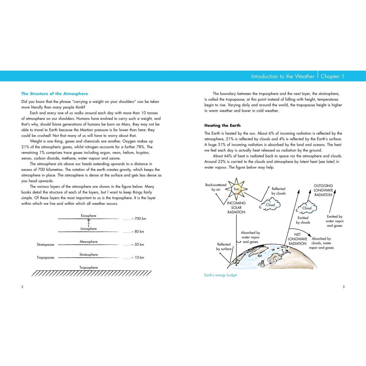 A spread from Fernhurst Books' "Sailor's Book of the Weather" shows atmospheric layers and Earth's energy budget, with clear explanations—perfect as a sailing weather guide or companion reference.