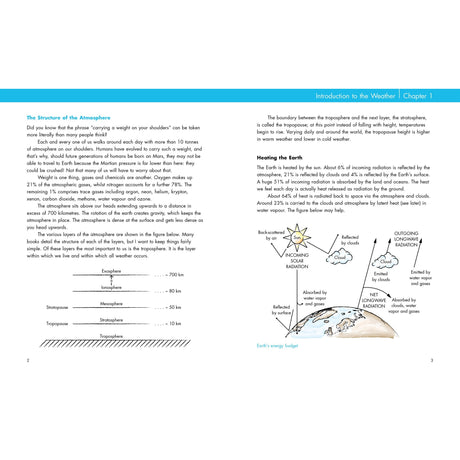 A spread from Fernhurst Books' "Sailor's Book of the Weather" shows atmospheric layers and Earth's energy budget, with clear explanations—perfect as a sailing weather guide or companion reference.