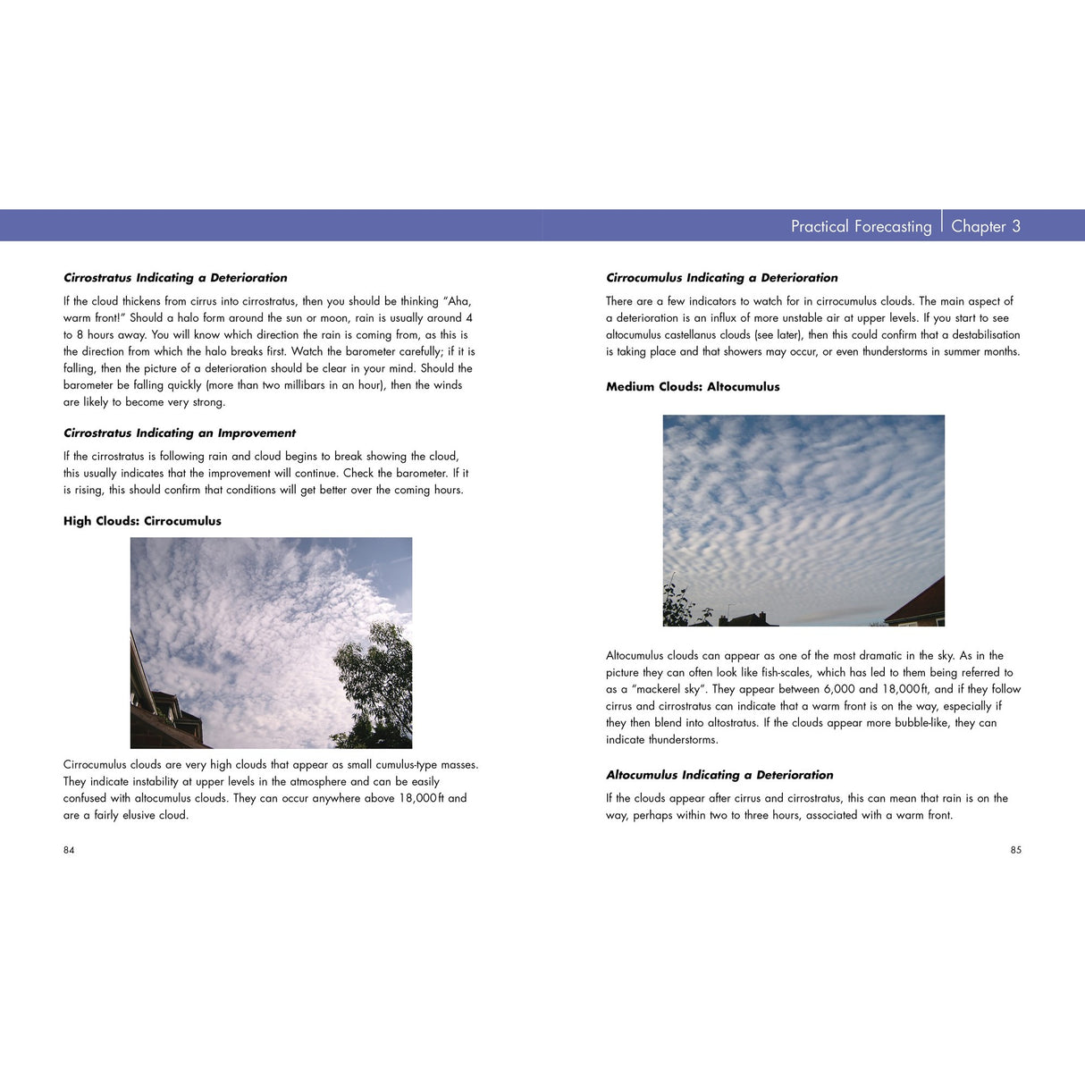 The Sailor's Book of the Weather by Fernhurst Books features images and descriptions of cirrocumulus and altocumulus clouds, helping sailors interpret changing sky patterns for safer navigation.