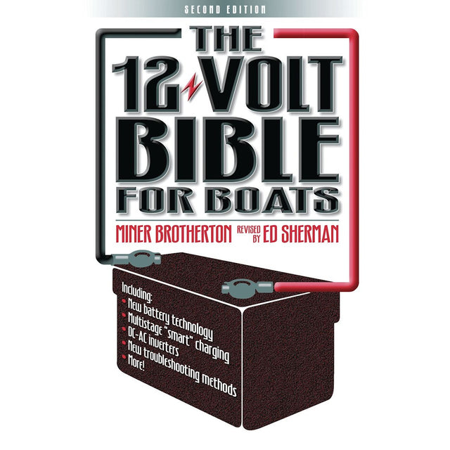 Reeds' "The 12 Volt Bible for Boats" book cover showcases bold text and cable graphics, highlighting 12-volt electrical systems, boat electrics basics, battery technology, and troubleshooting methods.