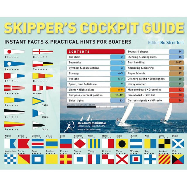 Illustrated guide by Adlard Coles, "Skipper's Cockpit Guide," featuring nautical flags, semaphore signals, and a contents list of essential boating topics for seamanship. The background showcases a sailing boat on the sea.