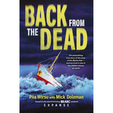 Book cover for Back From The Dead by ABC Books Australia, featuring a storm-battered red-and-white ship—reminiscent of the MV Blythe Star—struggling through dark blue, turbulent Southern Ocean waves beneath a menacing sky. Bold yellow title text spans the upper half. Authors: Piia Wirsu and Mick Doleman.