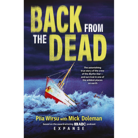 Book cover for Back From The Dead by ABC Books Australia, featuring a storm-battered red-and-white ship—reminiscent of the MV Blythe Star—struggling through dark blue, turbulent Southern Ocean waves beneath a menacing sky. Bold yellow title text spans the upper half. Authors: Piia Wirsu and Mick Doleman.