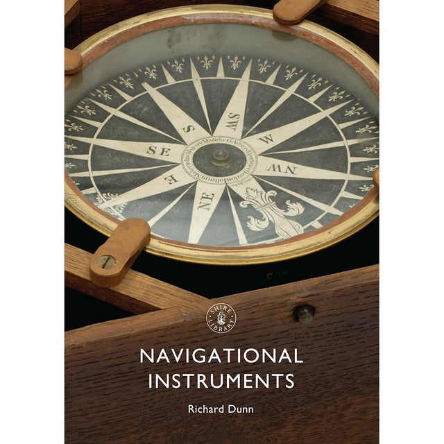 Close-up of an antique compass in a wooden box with a detailed compass rose. Below, white text reads "Navigational Instruments" and "Shire Books," illustrating the progression from classic navigation tools to satellite positioning.
