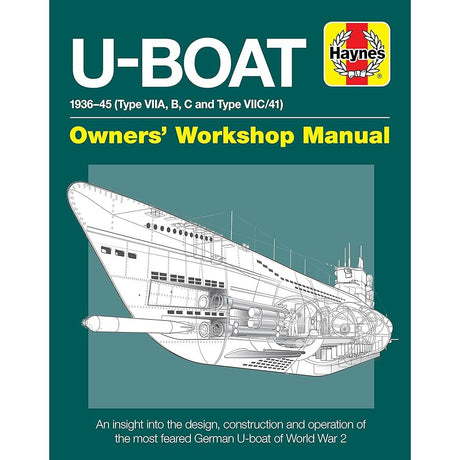 Haynes’ "U-Boat Owners' Workshop Manual" cover features a technical line drawing of a German Type VIIC U-boat on a teal background, with yellow and white text highlighting WWII submarines such as U-995.