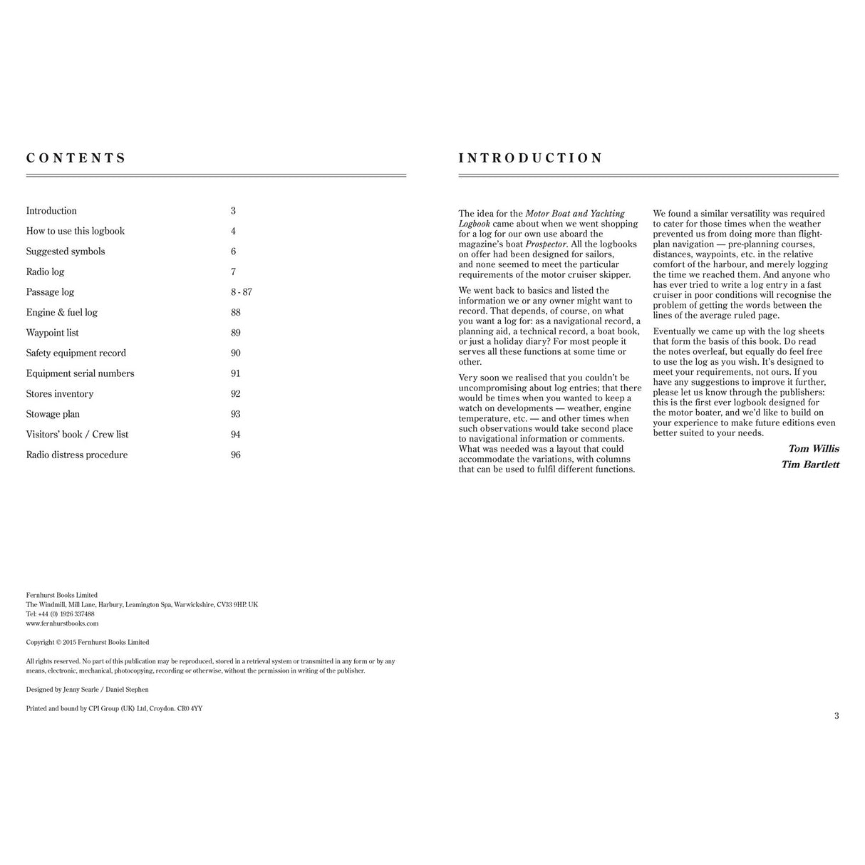 A two-page spread from "Logbook For Cruising Under Power" by Fernhurst Books shows the table of contents (chapter titles and page numbers) on the left, and a column-format introduction on powerboat navigation basics with two author names at the end.