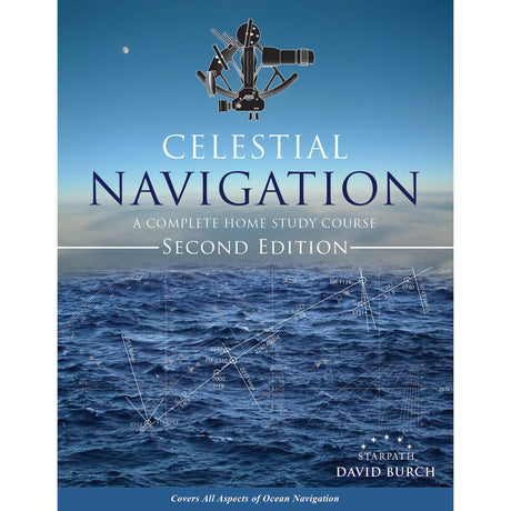 The cover of "Celestial Navigation" by Starpath Publications displays a sextant over a starry sky and ocean, with navigation charts and lines on the water, emphasizing offshore navigation.