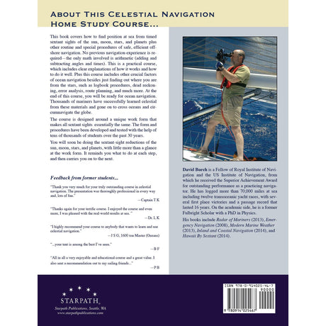 Back cover of "Celestial Navigation" by Starpath Publications shows a man using a sextant on a boat, with course details, student testimonials, David Burch’s bio, and Starpath Publications’ info at the bottom.