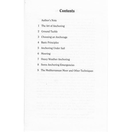 The table of contents in Fernhurst Books' "Staying Put!" covers seamanship and sailing: Author’s Note, Art of Anchoring, Ground Tackle, Choosing an Anchorage, Basic Principles, Anchoring Under Sail, Mooring, Heavy Weather, Emergencies, and Mediterranean Moor.