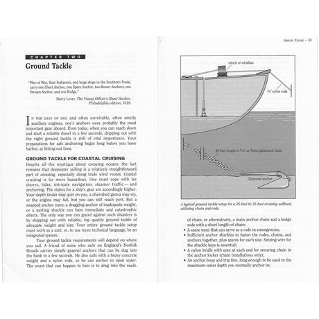 A page from "Staying Put!" by Fernhurst Books shows seamanship tips for coastal cruising and an illustration of an anchor and chain hanging from a boat's bow, labeling the snubber and recommended chain length.