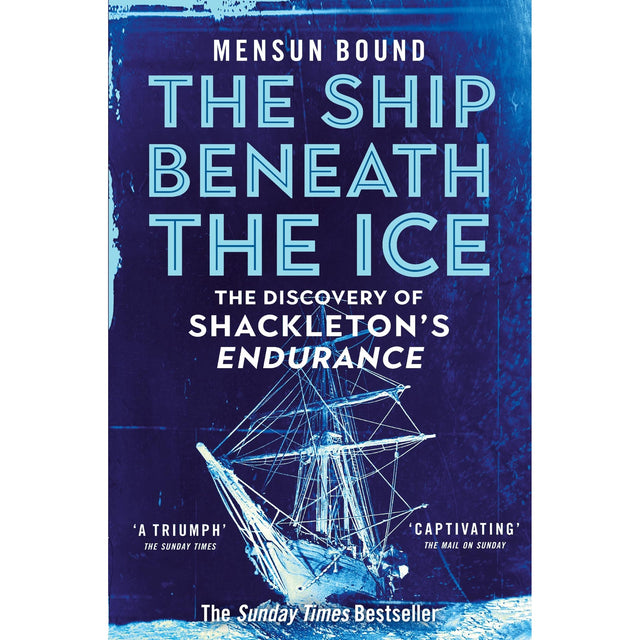 Book cover for "The Ship Beneath the Ice" by Pan Books, showing the Endurance trapped in ice against a blue background, with text about the discovery of Shackleton’s Antarctic shipwreck.