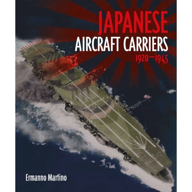 The book cover shows an aerial view of a Japanese aircraft carrier at sea, with red rays and bold text: "Japanese Aircraft Carriers." The author, Ermanno Martino, is listed below. Published by Seaforth.
