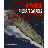 The book cover shows an aerial view of a Japanese aircraft carrier at sea, with red rays and bold text: "Japanese Aircraft Carriers." The author, Ermanno Martino, is listed below. Published by Seaforth.