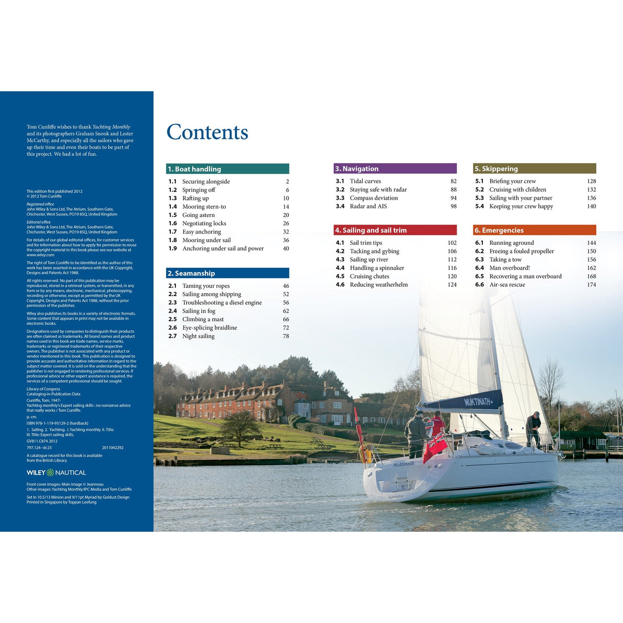 A sailboat with people glides on a calm river near large houses and trees. On the left, a blue box and the table of contents for "Expert Sailing Skills" by Fernhurst Books are displayed.