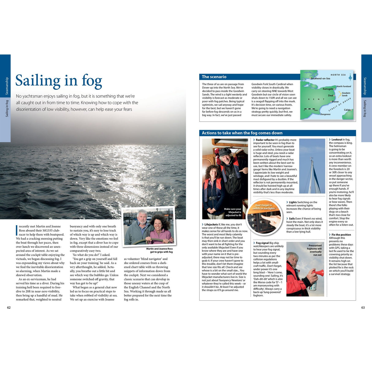 Magazine spread about yachting in fog, featuring Fernhurst Books’ "Expert Sailing Skills" with a large boat photo on misty water, images of people aboard, diagrams, and seamanship tips for safety in low-visibility conditions.