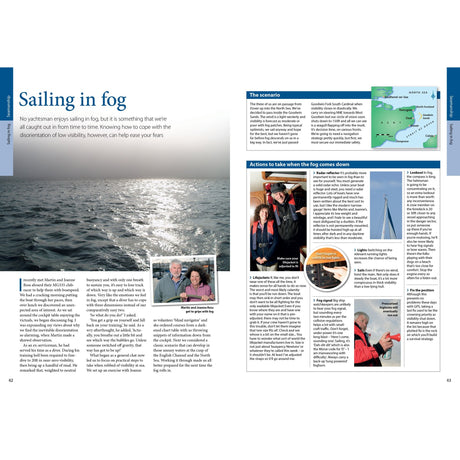 Magazine spread about yachting in fog, featuring Fernhurst Books’ "Expert Sailing Skills" with a large boat photo on misty water, images of people aboard, diagrams, and seamanship tips for safety in low-visibility conditions.
