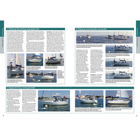 A spread from Fernhurst Books' "Expert Sailing Skills" demonstrates step-by-step mooring and slipping a buoy in different wind and tide conditions, with diagrams, instructional text, and sailboat photos.